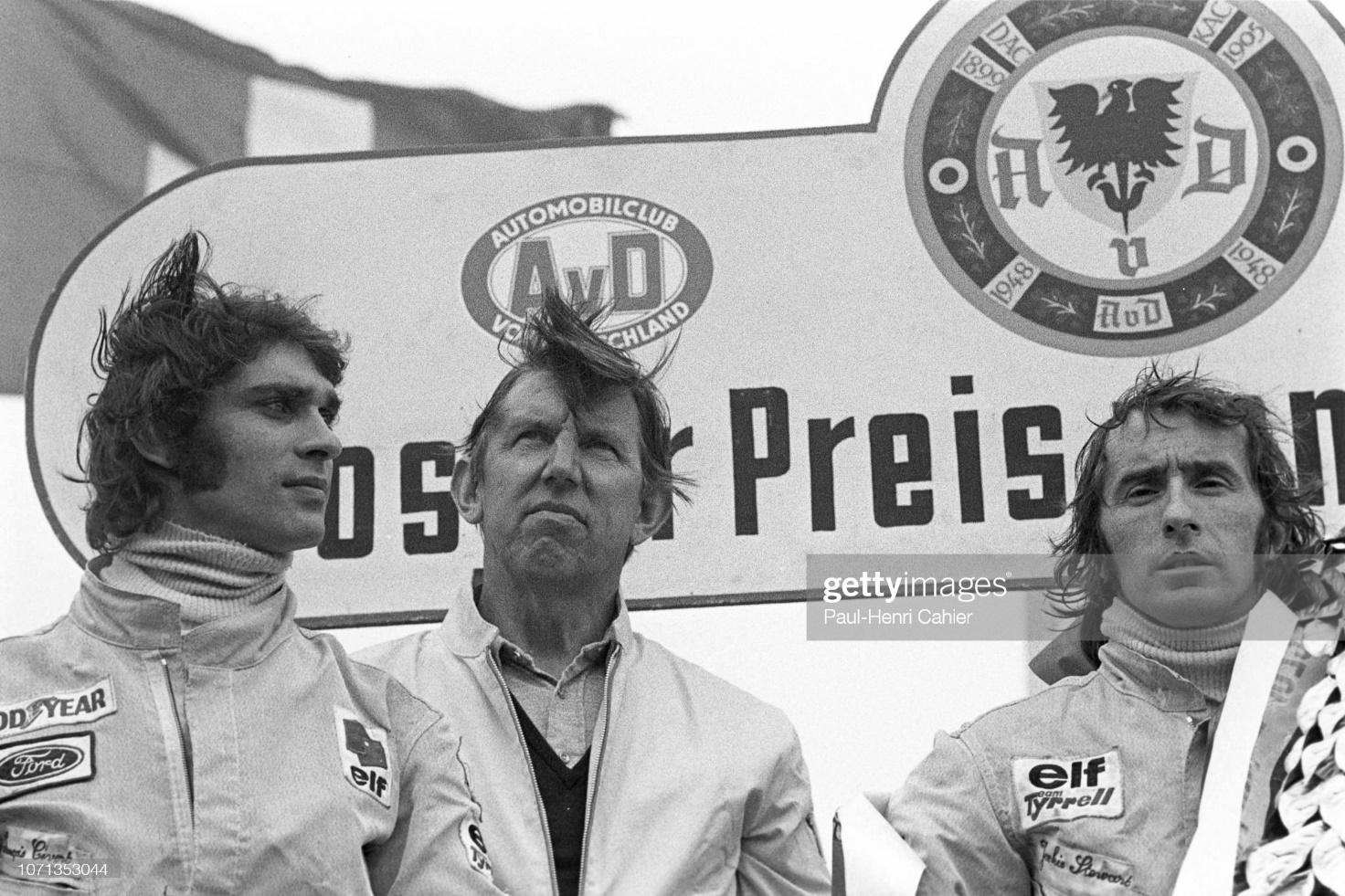 François Cevert, Ken Tyrrell and Jackie Stewart, Grand Prix of Germany, Nurburgring, 05 August 1973.