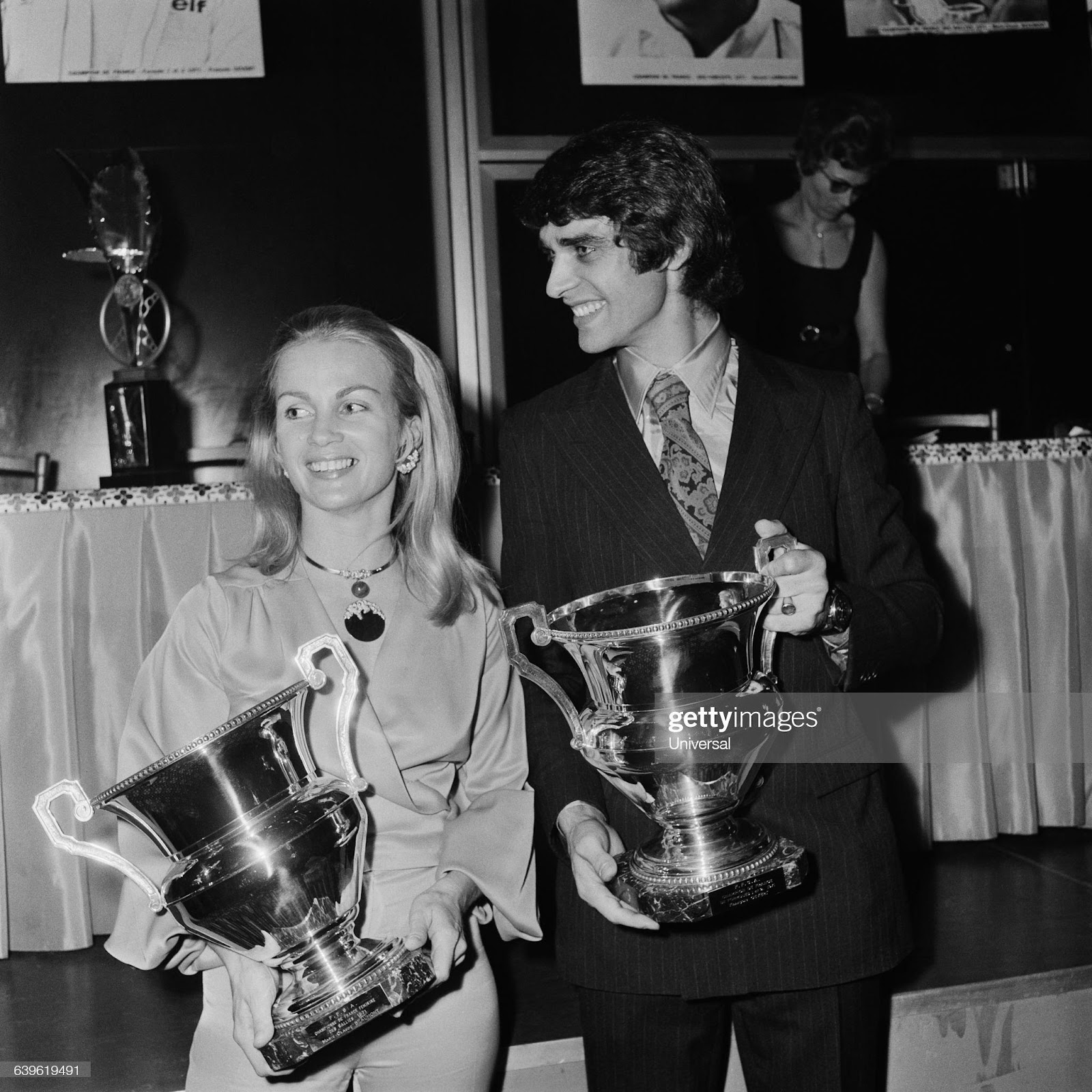 1971 French racecar champions. Female rally champion Marie-Claude Beaumont and Francois Cevert (Formula 1 and 2) on December 13, 1971.