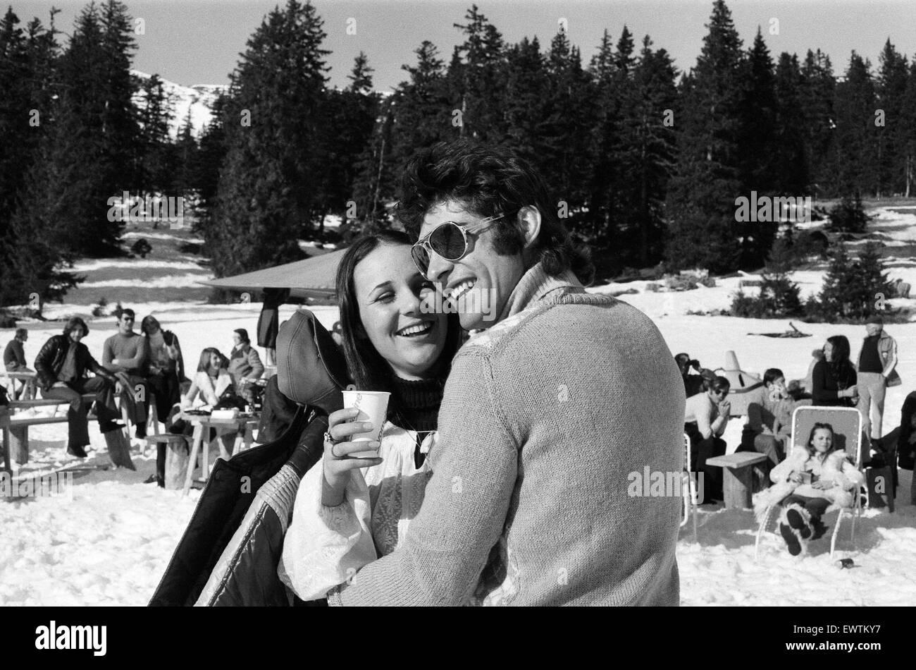 Francois Cevert enjoys some time off with a girl friend at a ski resort in Villars Sur Ollan, near Montreux, Switzerland, in March 1973.