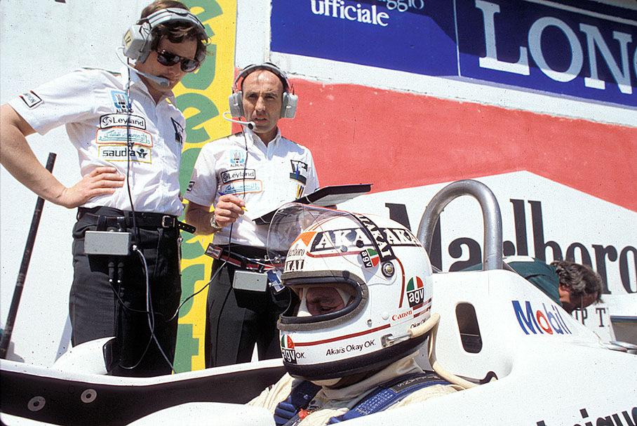 Team boss Frank Williams and engineer Frank Dernie with Williams driver Alan Jones at Imola in 1981.