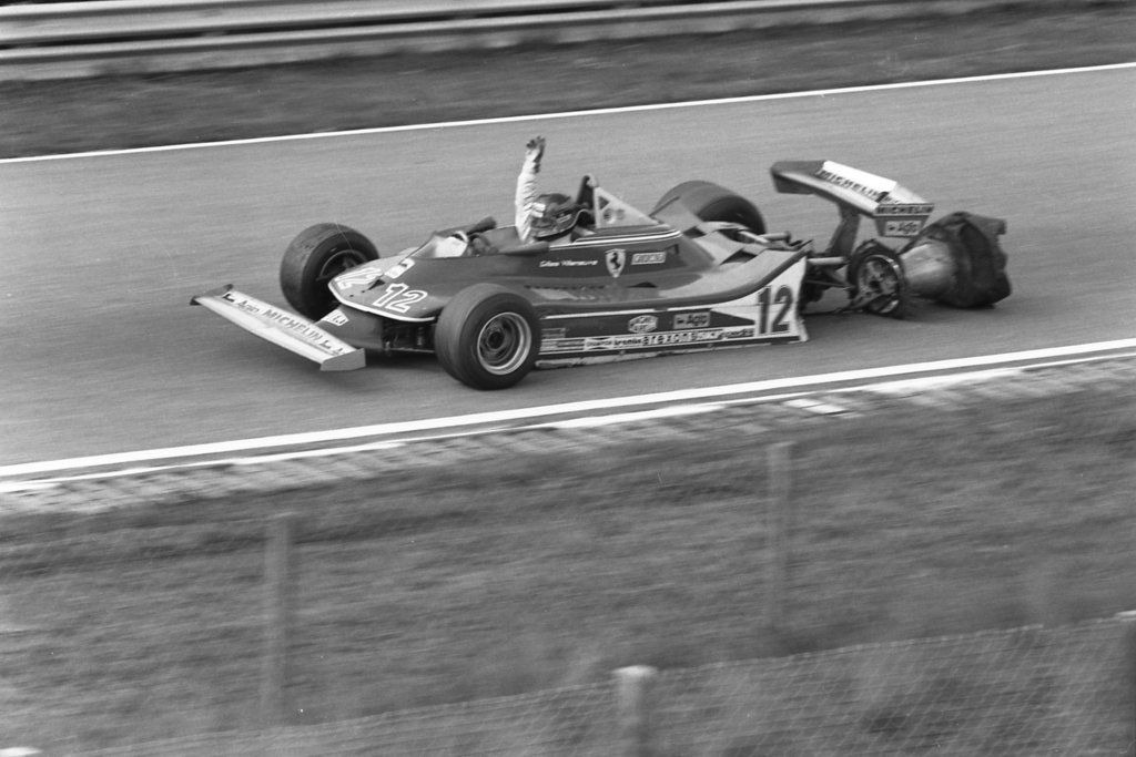 Picture of Gilles Villeneuve in a car with exploded tyre