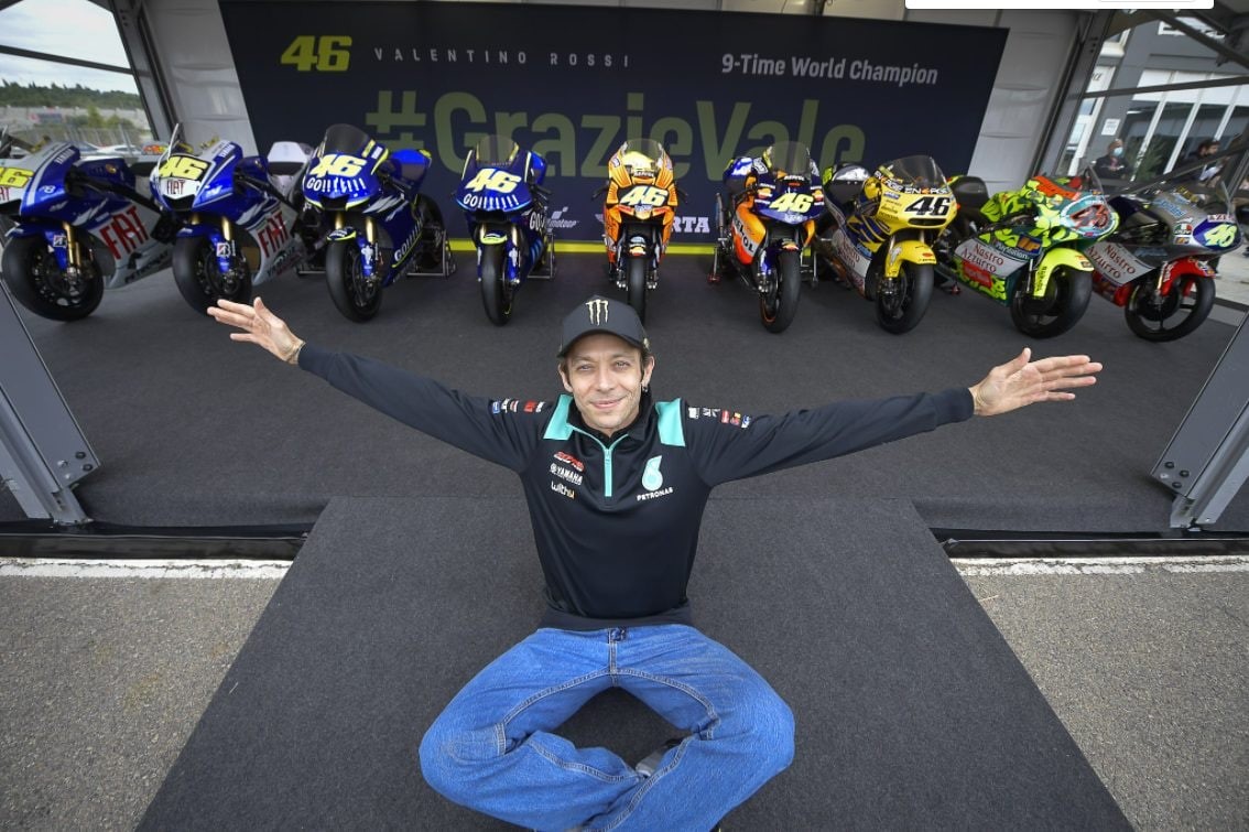 Valentino Rossi with all the bikes of his career.