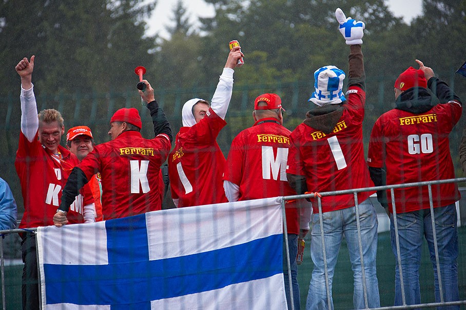Raikkonen fans cheer up for their idol at Spa Francorchamps in 2008.