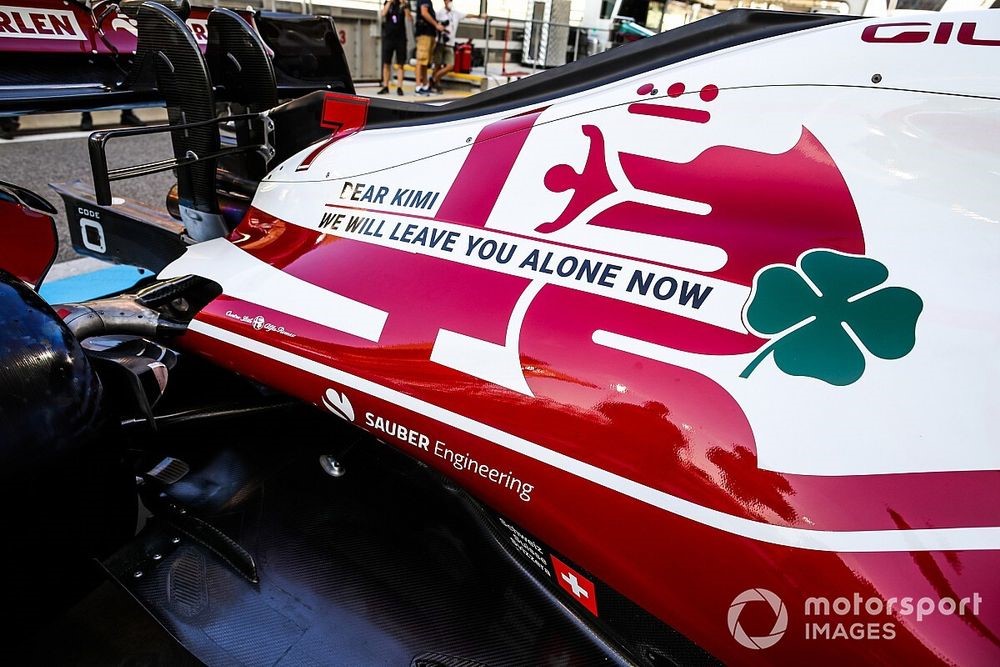 Alfa Romeo put a sympathetic message on Kimi Raikkonen's car for the Finn's final weekend in Formula 1.