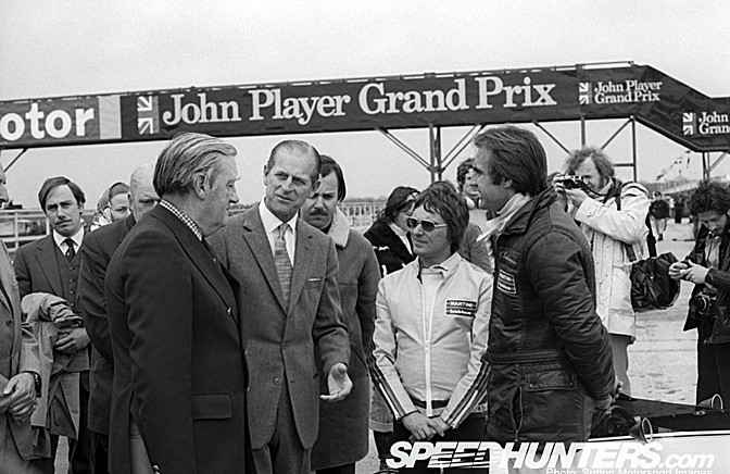 Even Royalty paid a visit to see Bernie and the Boys. HRH The Duke of Edinburgh swings by Silverstone back in 1975.