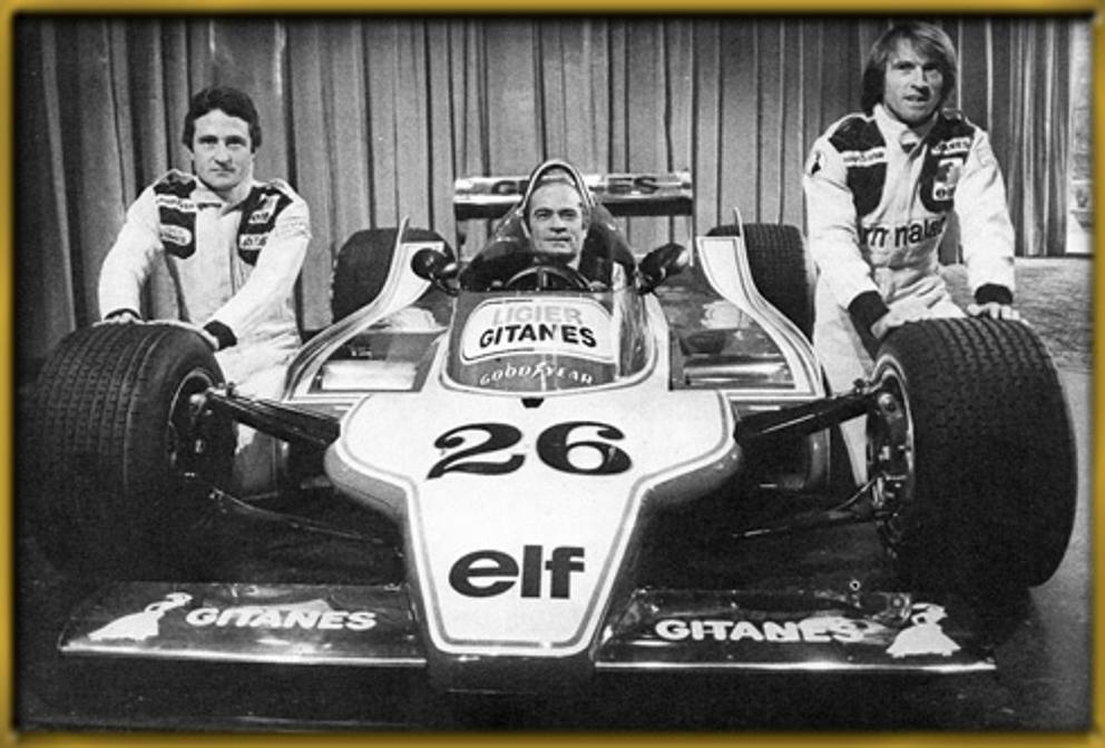 Guy Ligier in his car with Jacques Laffite and Patrick Depailler.