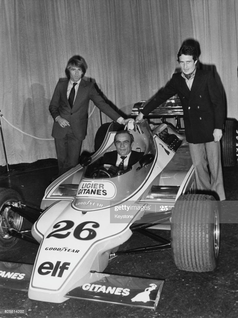 Guy Ligier presents his car, the Ligier Gitanes, with Jacques Martin, Jacques Laffite, Patrick Depailler and Stéphane Collaro on November 23, 1978 in Paris, France.