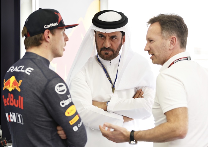 Chris Horner and Max Verstappen talk with Mohammed Ben Sulayem, FIA President.