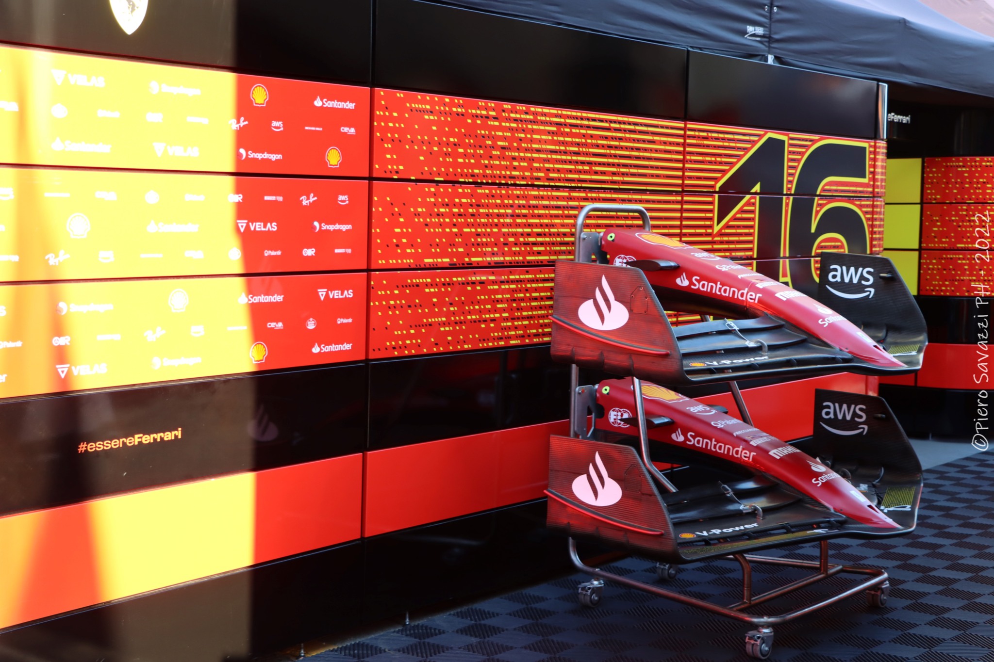 Charles Leclerc’s front wings in the pits. 