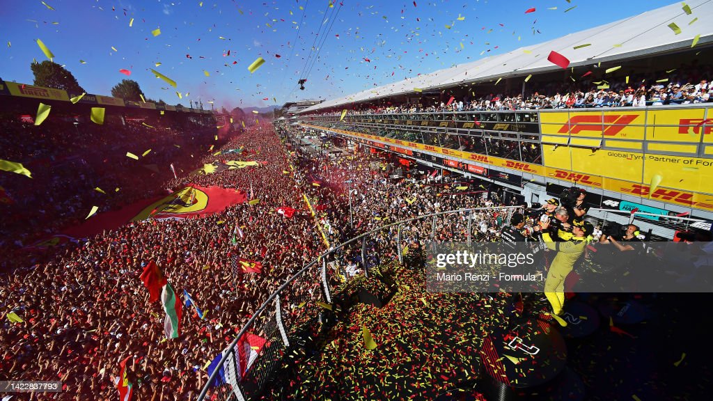 A general view as second placed Charles Leclerc of Monaco and Ferrari celebrates on the podium.