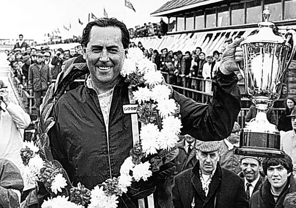 Brabham in 1969, after winning the International Trophy Race at Silverstone. 
