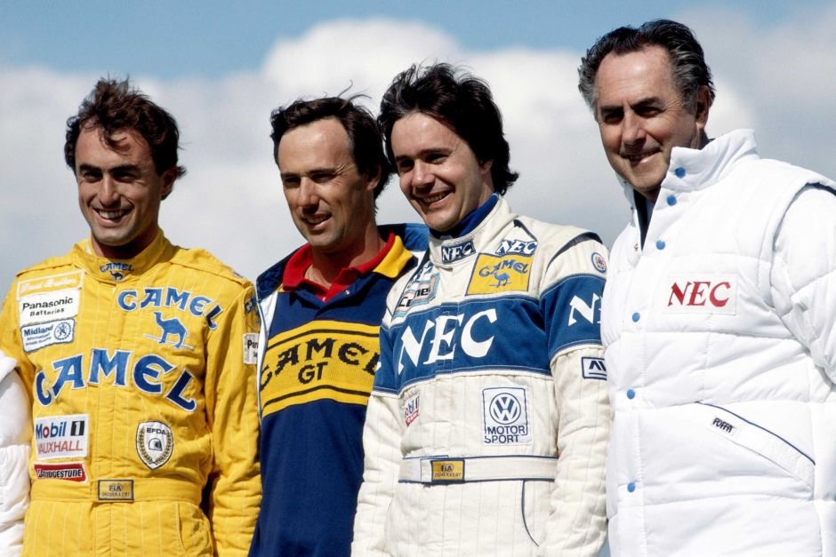 Sir Jack Brabham, far right, with sons, left to right, David, Geoffrey and Gary at the Silverstone Circuit in Great Britain, May, 1988.