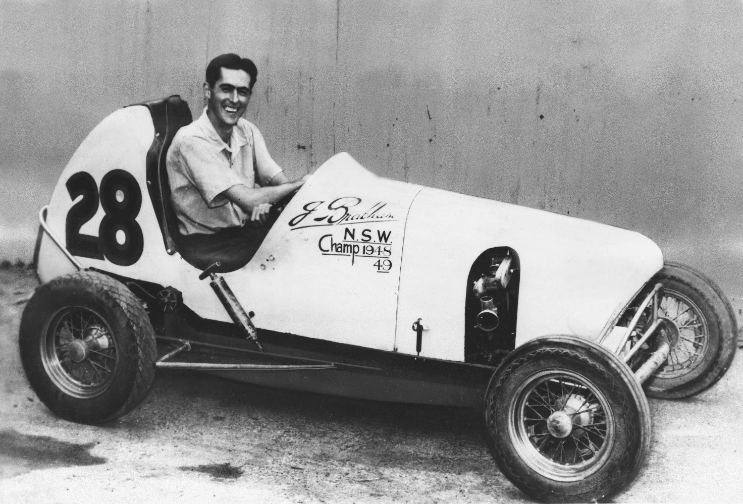 A young Jack Brabham in his Australian Speedcar, having discovered that racing driving is fun. 