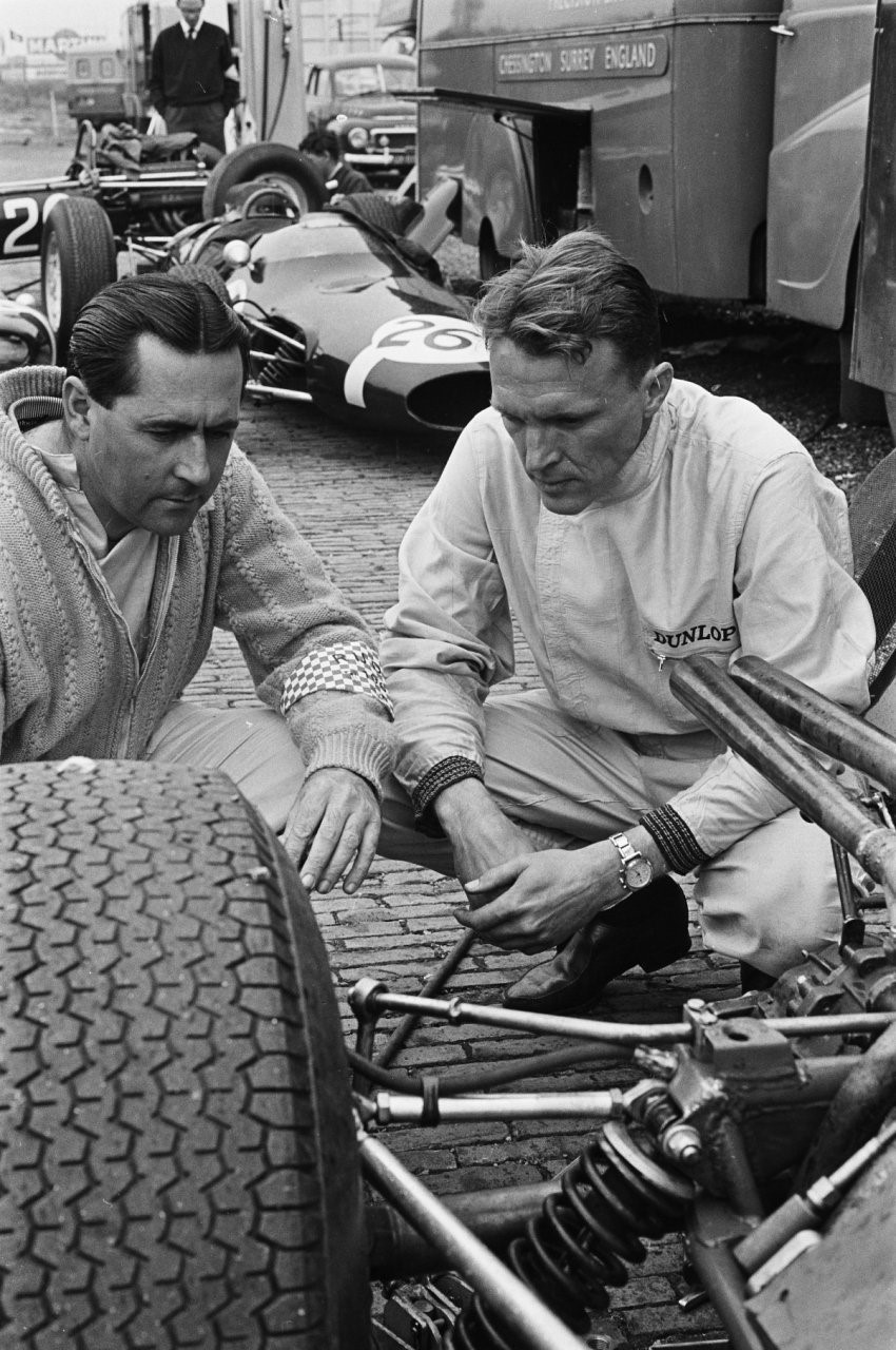 Gurney and Brabham at 1964 Dutch Grand Prix.