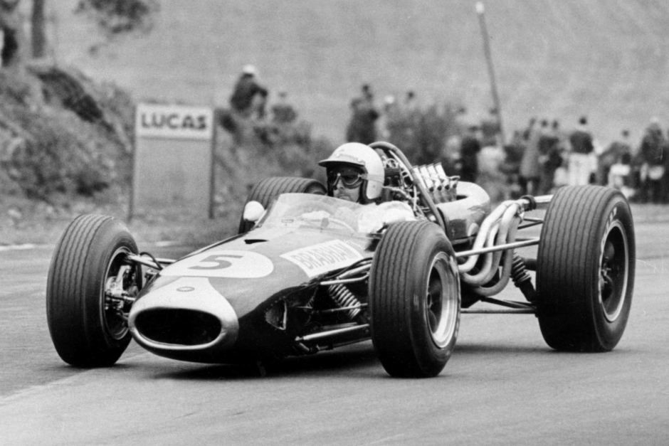 Jack Brabham drives in the British Grand Prix at Silverstone, July, 1966.