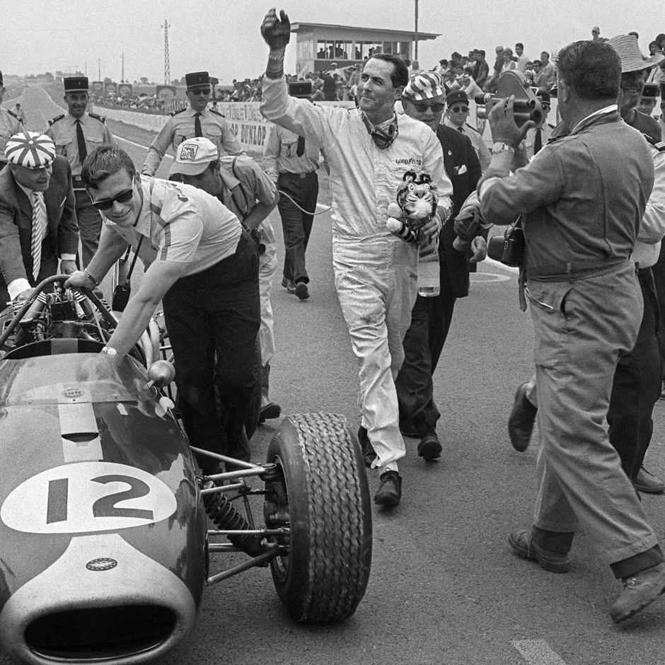 Jack Brabham waves to the crowd after winning the French Grand Prix in July, 1966.