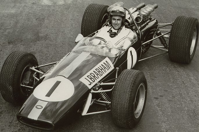 Sir Jack Brabham at the wheel of the 1967 Repco-Brabham BT23-A-1.