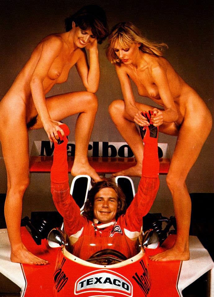 James Hunt and his McLaren M23 with naked girls in 1976.