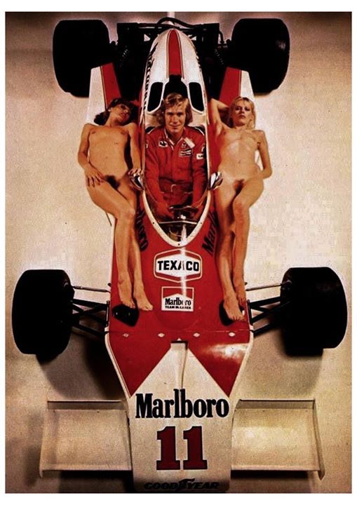 James Hunt and his McLaren M23 with naked girls in 1976.