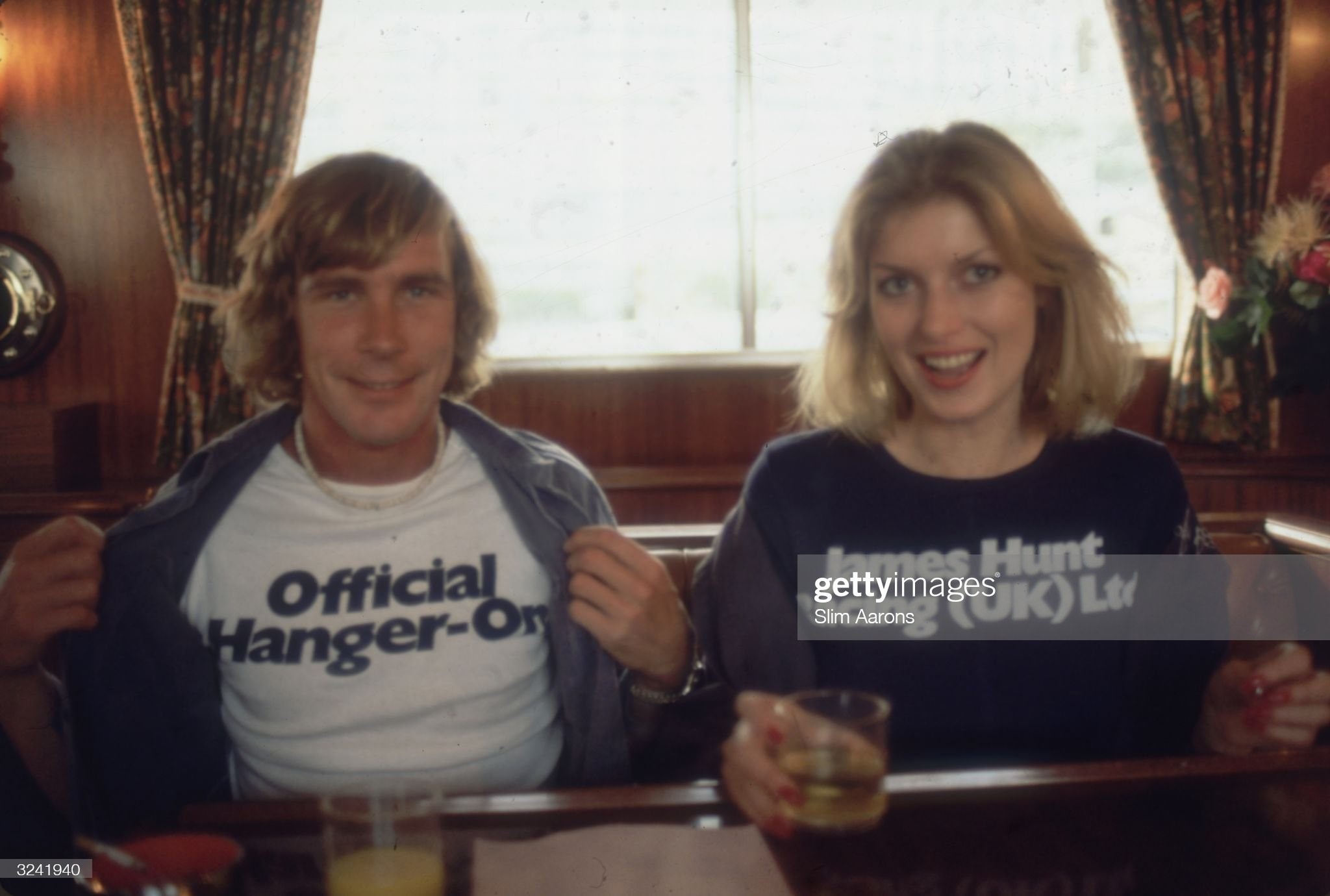 James Hunt, winner of ten Grand Prix races and World Champion in 1976, with his girlfriend Jane Birbeck in Monaco in 1977. 