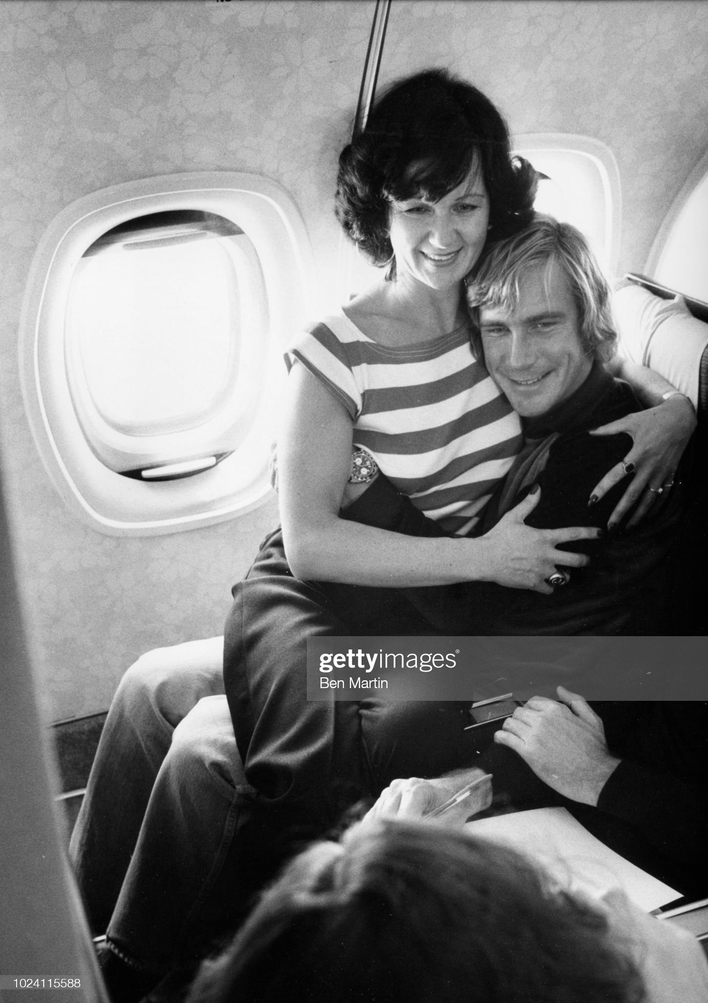 James Hunt aboard a flight with a girlfriend, September 16th 1977. 