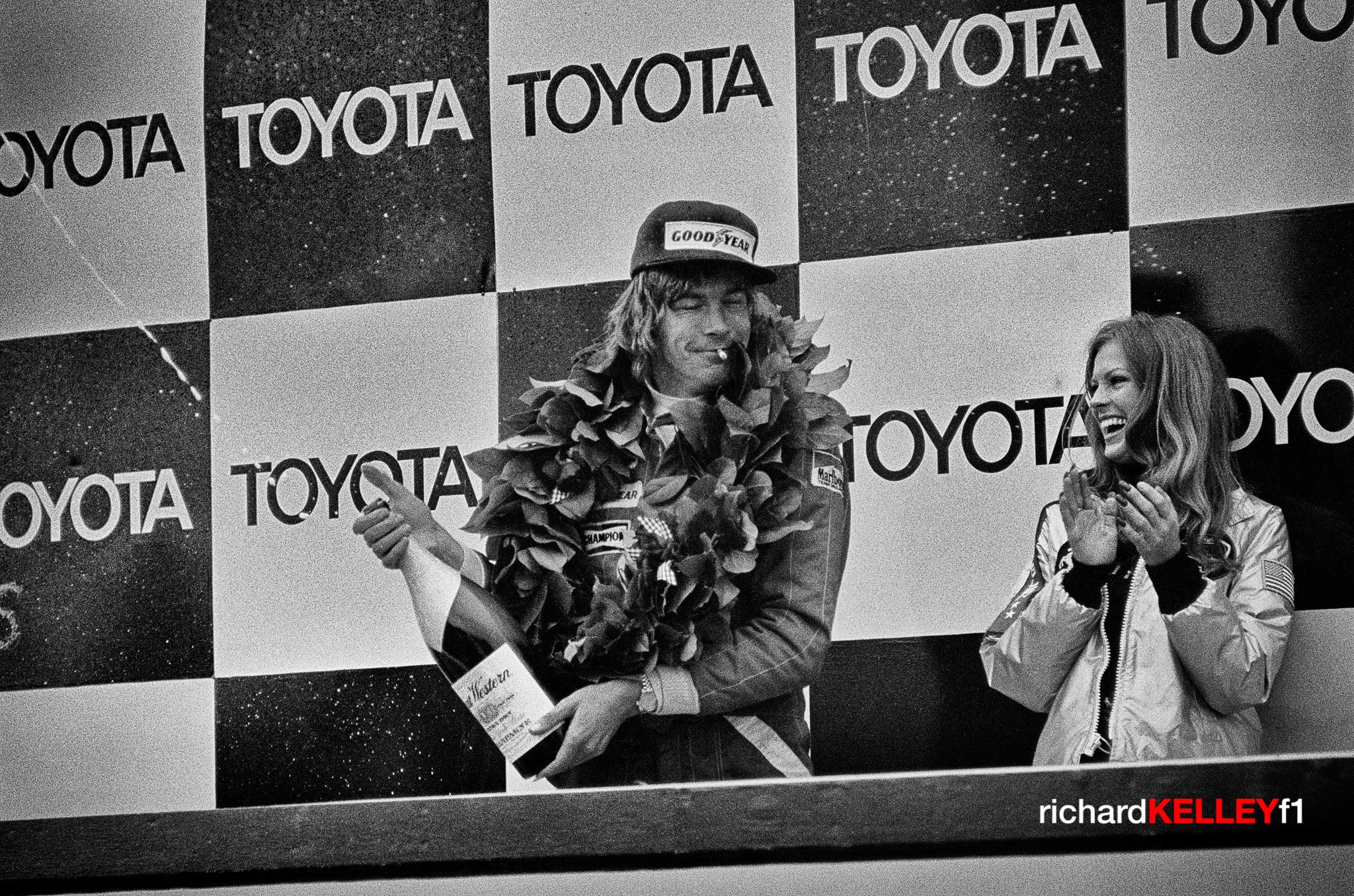 James Hunt savors victory at the US Grand Prix in Watkins Glen on 02 October 1977.