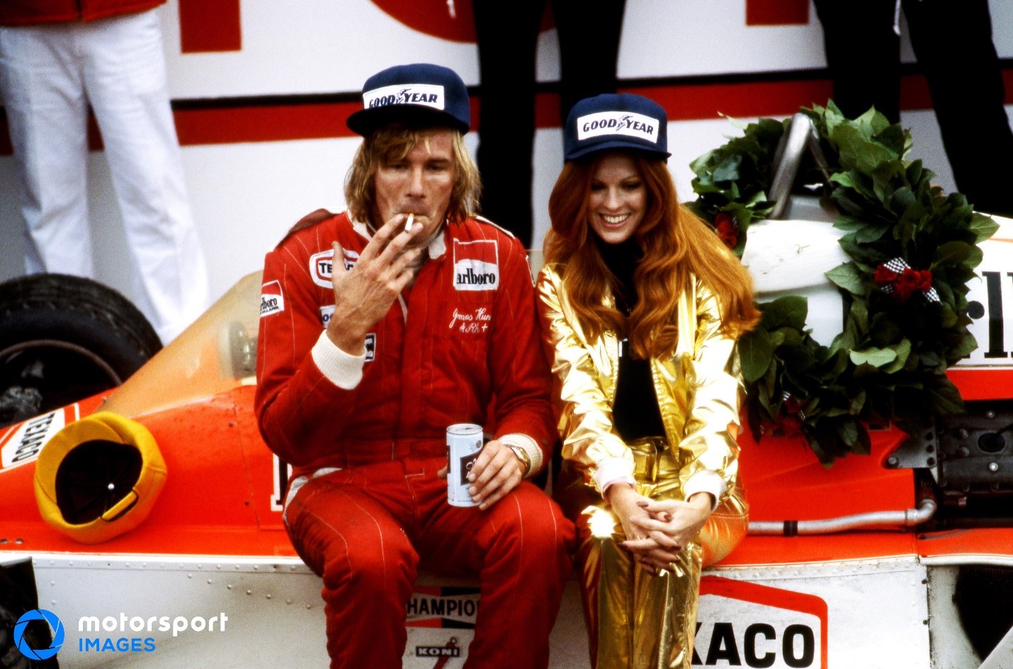 James Hunt savors victory at the US Grand Prix in Watkins Glen on 02 October 1977. 