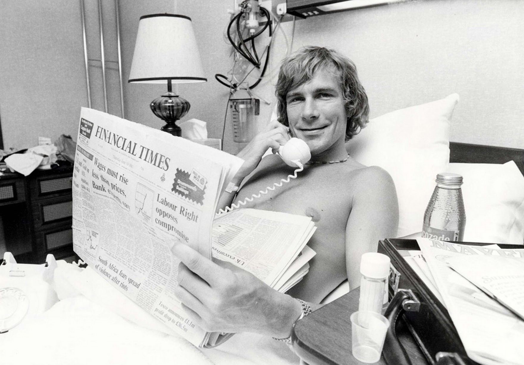 James Hunt lying in hospital in 1980 but still keeping up with all the latest goings on. 