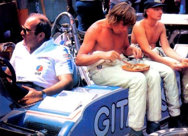 James Hunt and Niki Lauda in the Ligier pits. Little known fact is that Ligier produced the best cottage pie in all of the paddock.