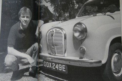 James Hunt posing next to his Austin A35 van in the late 80s. 