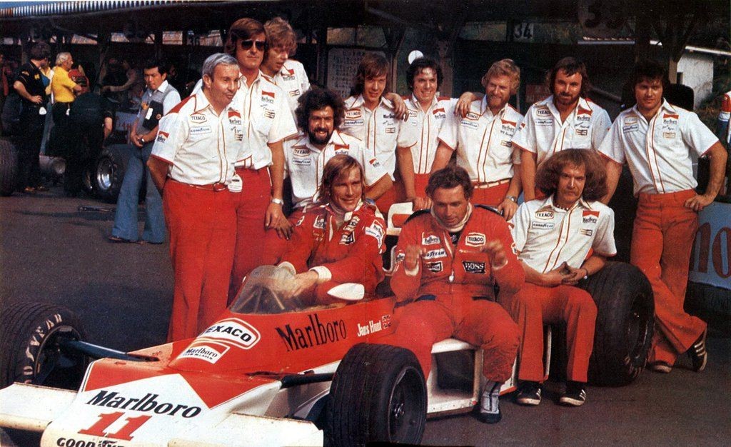 James Hunt and Jochen Mass pictured with the rest of the McLaren team at the last race of the season, the 1976 Japanese Grand Prix at Fuji Speedway. 