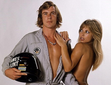 Sporting his famous badge, ‘Sex, the Breakfast of Champions’, James poses with model Susan Shaw in 1976. 