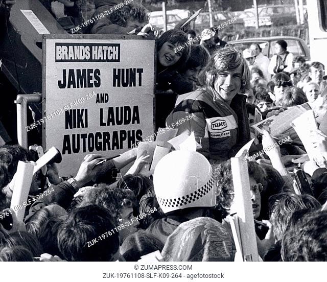 November 08, 1976, Kent, England. James Hunt, the new World Racing Champion, is besieged by thousands of young autograph hunters at Brands Hatch. 
