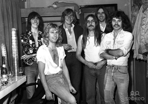 Status Quo at the Hammersmith Odeon with James Hunt during their 1977 world tour in London.