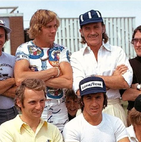 James Hunt with Graham Hill, Niki Lauda and Jackie Stewart.