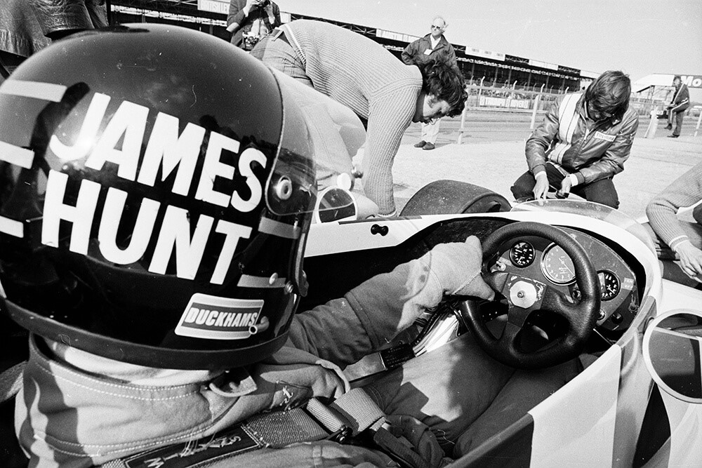 James Hunt at the wheel of his car at Silverstone on 05th April 1974.