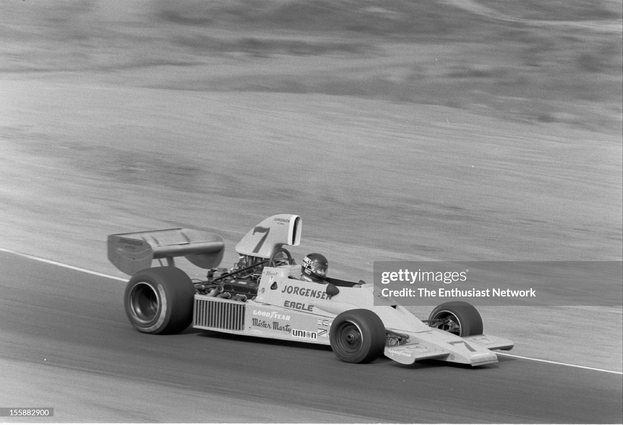 James Hunt drives his Chevrolet powered Eagle 755 at the Riverside Grand Prix Formula 5000 in Riverside International Raceway on 27 October 1974. 