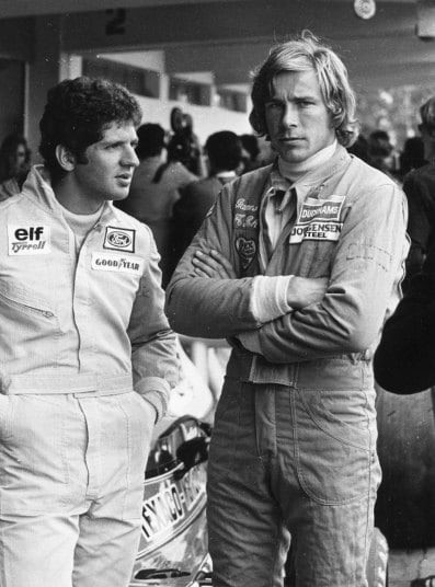 17th January 1975. James Hunt, right, with Jody Scheckter at the Argentine Grand Prix in Buenos Aires. 