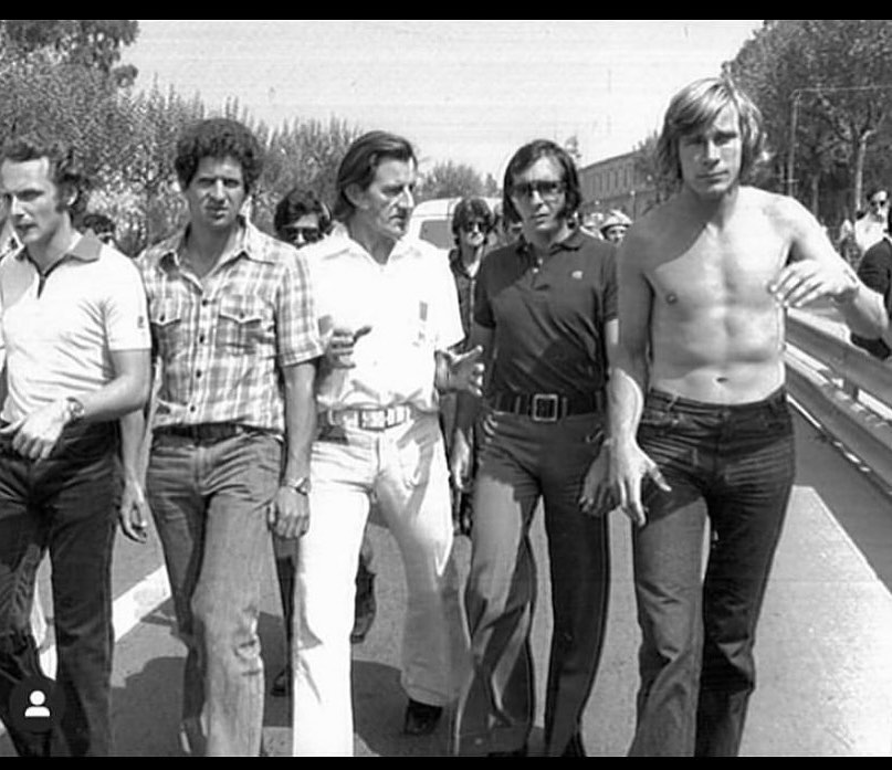 Niki Lauda, Jody Scheckter, Graham Hill, Jackie Stewart and James Hunt before the Spanish Grand Prix on 27 April 1975.
