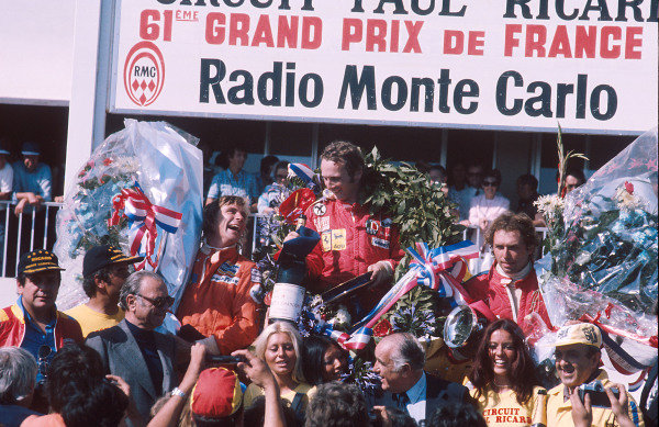 James Hunt, Niki Lauda and Jochen Mass on the podium at the French Grand Prix in Paul Ricard, Le Castellet, France, on 06 July 1975. 