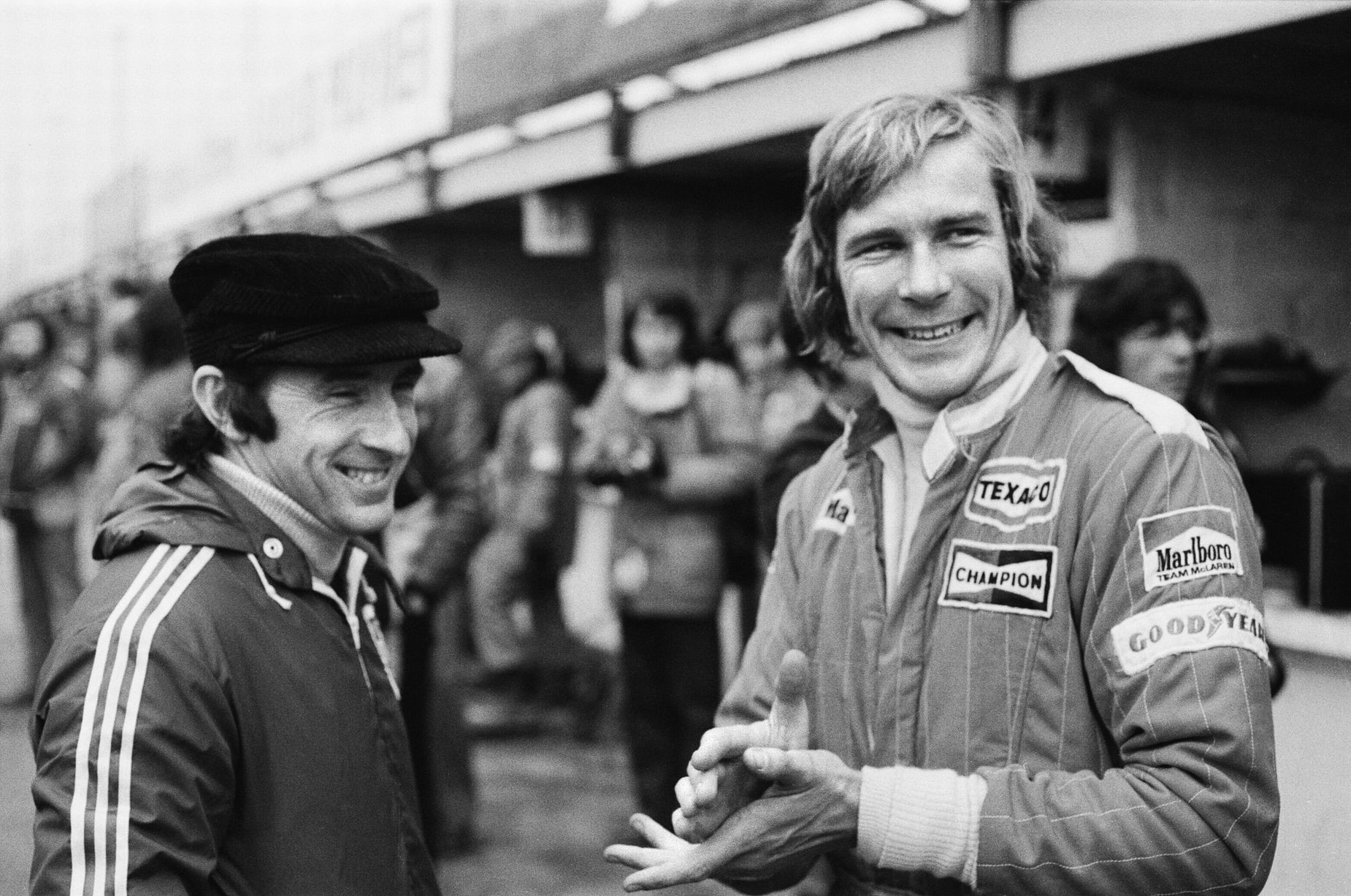 James Hunt and Jackie Stewart together at Brands Hatch on 14th March 1976. James is driving today in practice for the big race tomorrow Sunday.