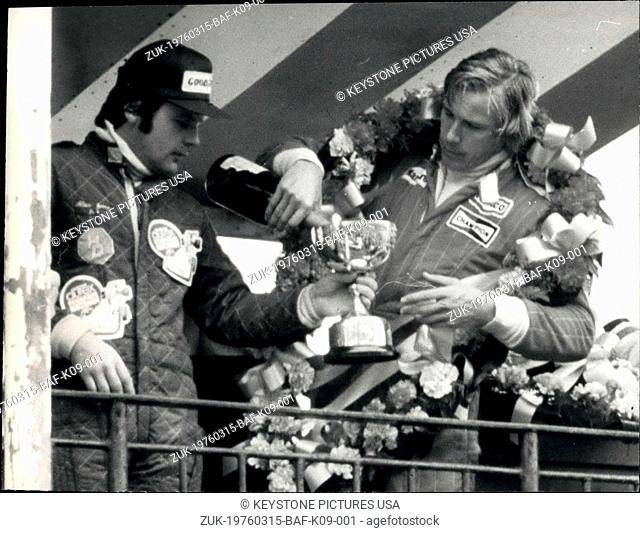March 15, 1976. James Hunt, driving a Marlboro-McLaren, scored a popular win in the Race of Champions at Brands Hatch..