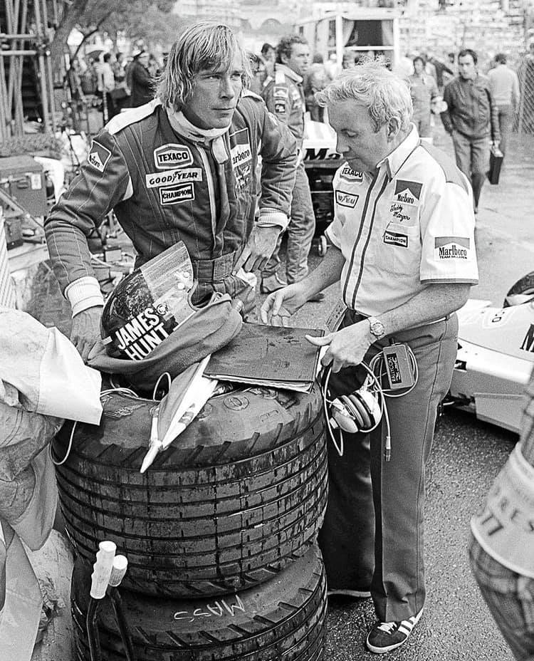 James Hunt and Teddy Mayer in the pits at the Monaco Grand Prix on 30 May 1976.