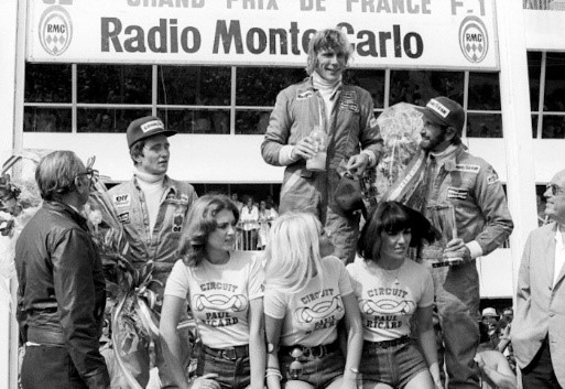 James Hunt, Patrick Depailler and John Watson on the podium at the Grand Prix of France, Circuit Paul Ricard, on 04 July 1976.
