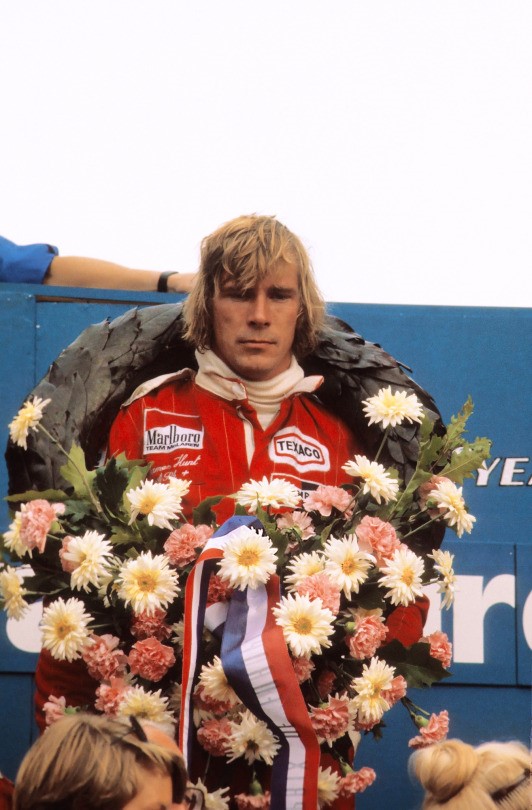 Netherlands, 29 August 1976. A victorious James Hunt with his floral wreath after winning the race on his 29th birthday. 