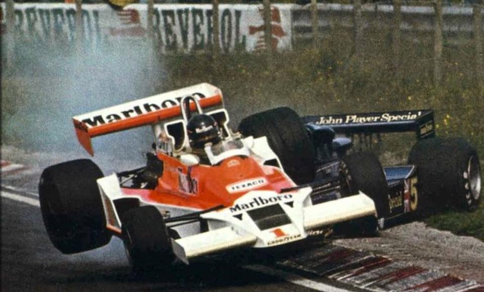 The accident between James Hunt, McLaren and Mario Andretti, Lotus, at the Dutch Grand Prix in Zandvoort on 28 August 1977.