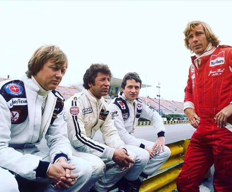 James Hunt with Ronnie Peterson, Mario Andretti and Patrick Depailler at the Agentinean Grand Prix in Buenos Aires on 15 January 1978.