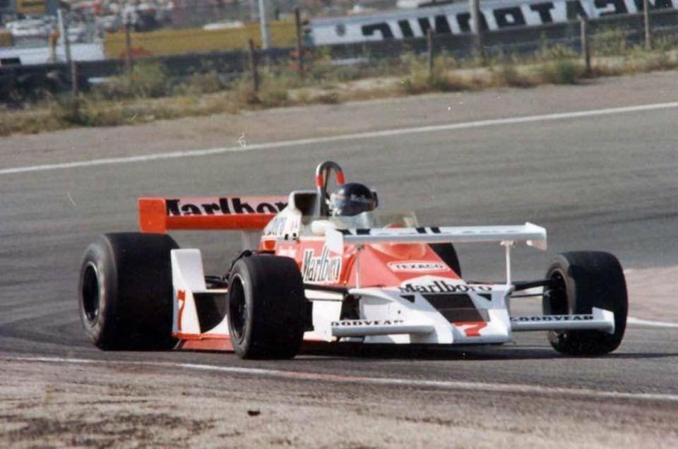 James Hunt, McLaren M26 Ford, tries a new extra front wing on his McLaren during practice for the Spanish Grand Prix in Jarama on 04 June 1978.