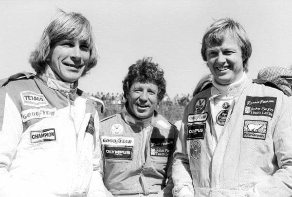 James Hunt, Mario Andretti and Ronnie Peterson at the Swedish Grand Prix in Anderstorp, Scandinavian Raceway, on 17 June 1978. 
