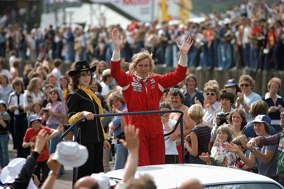 The British fans celebrate their beloved victorious local hero James Hunt at the British Grand Prix in Silverstone on 16 July 1977.